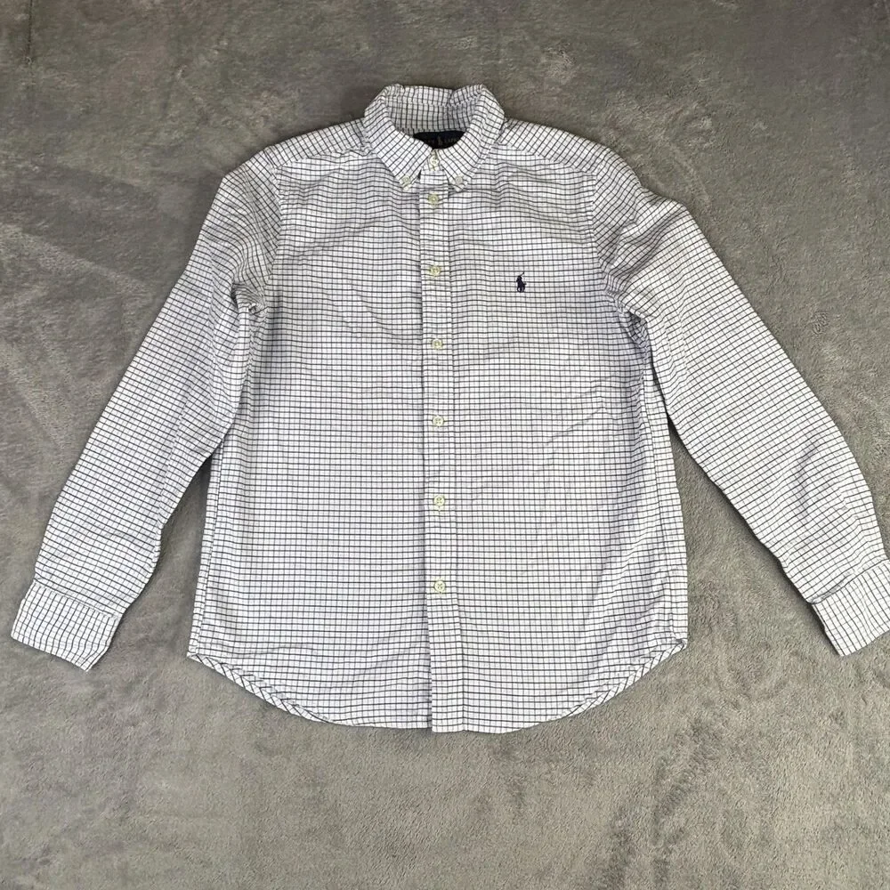 Ralph Lauren Dress Shirt boys 18 White‎ Blue Check Custom Fit Slim Button Down